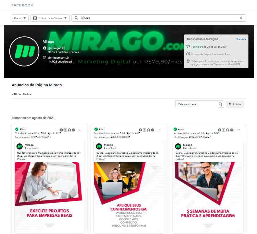 resultados da biblioteca de anúncios do facebook