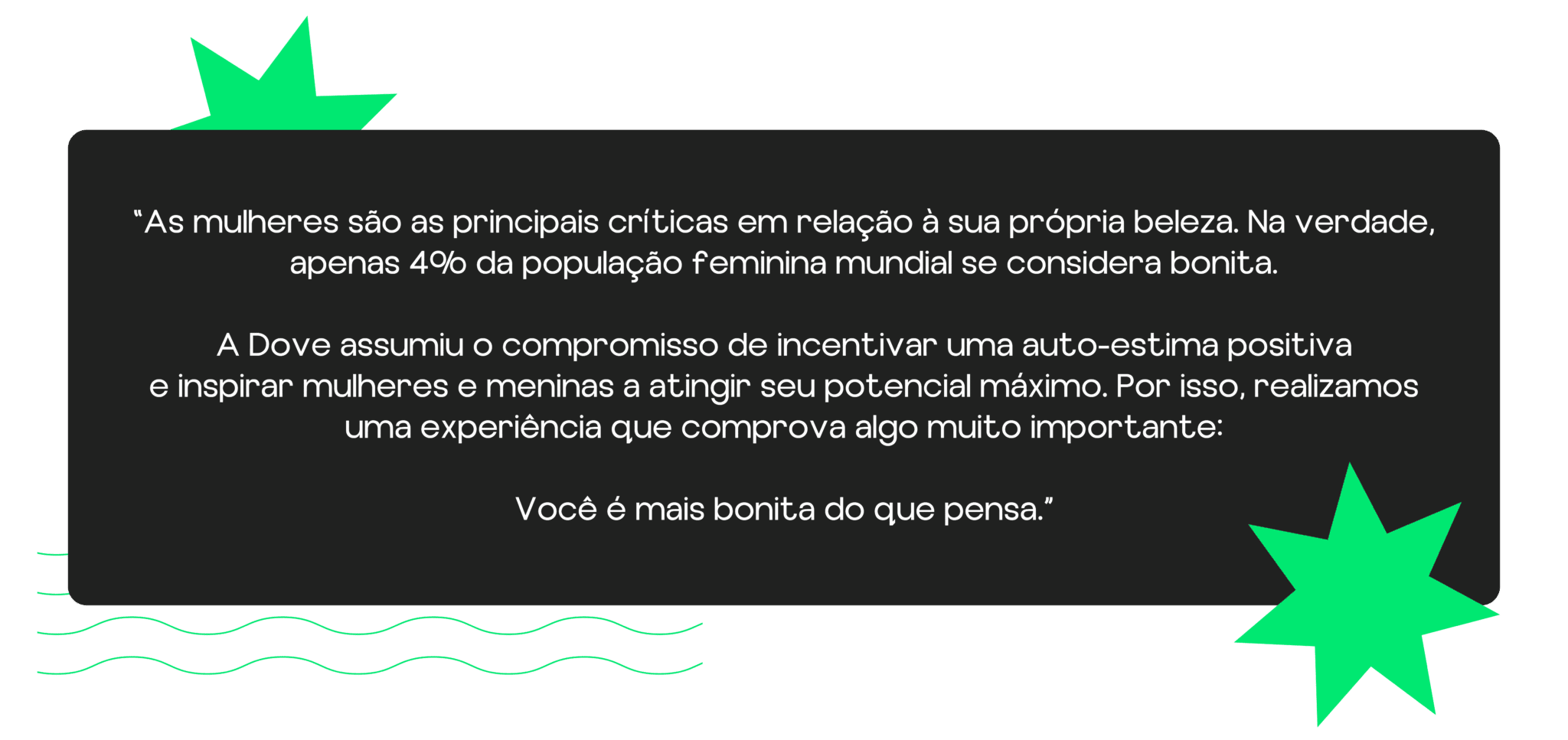 frase em destaque sobre a campanha a real beleza de Dove. O texto da imagem está no parágrafo abaixo.