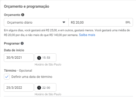 orçamento e programação de campanha no facebook