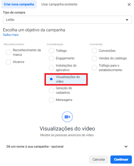 objetivo de visualizações de vídeo no facebook