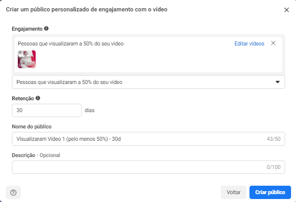 selecione o vídeo e a porcentagem assistida