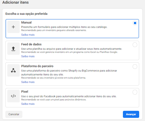 adicionar itens ao catálogo de produtos