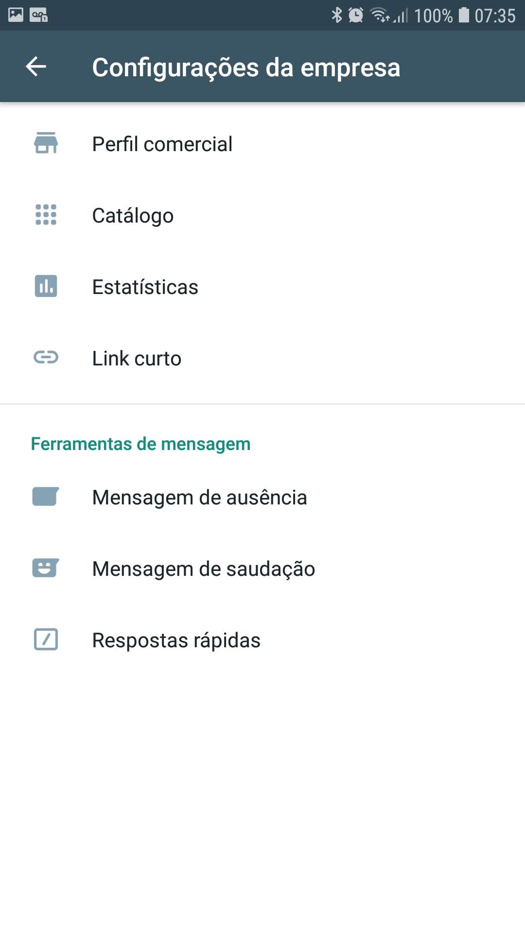 Selecione a opção Catálogo no WhatsApp Business