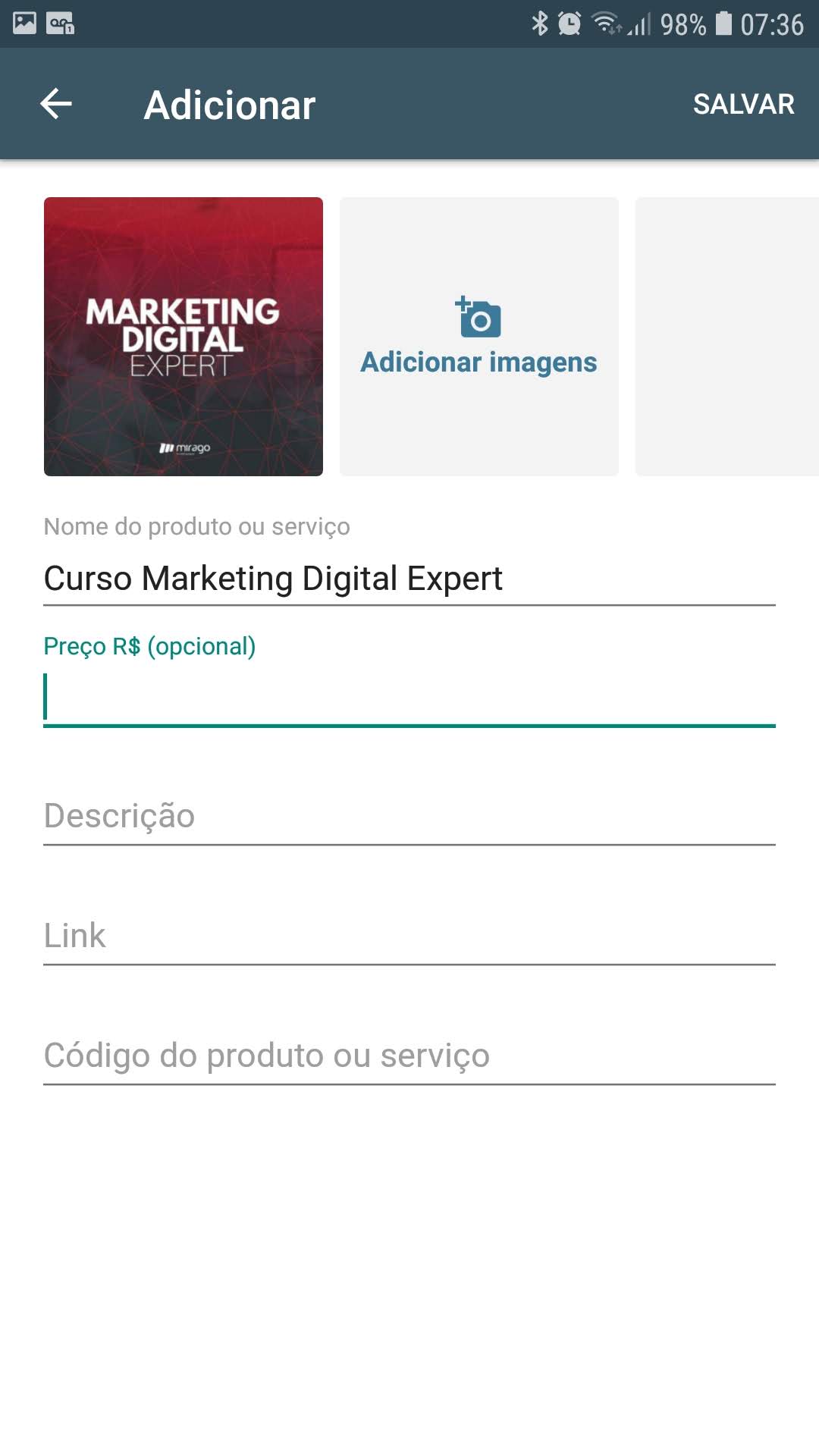 Informações adicionais do produto no catálogo do WhatsApp Business