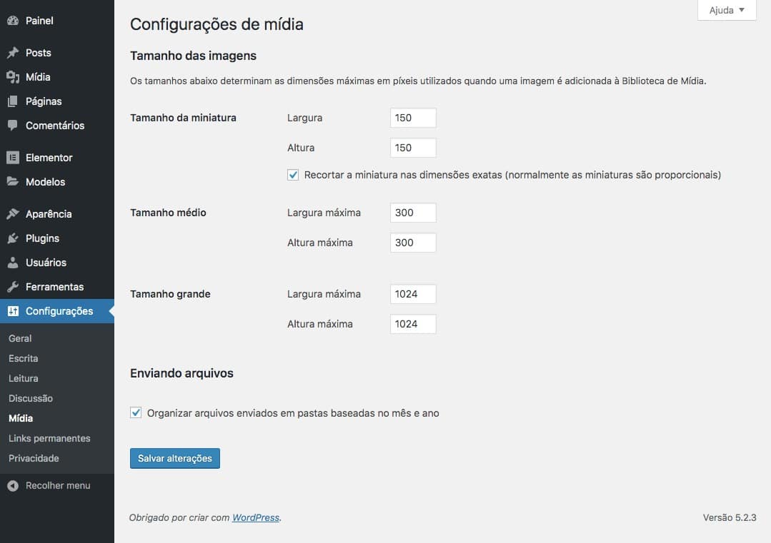 Configurações de Mídia do WordPress