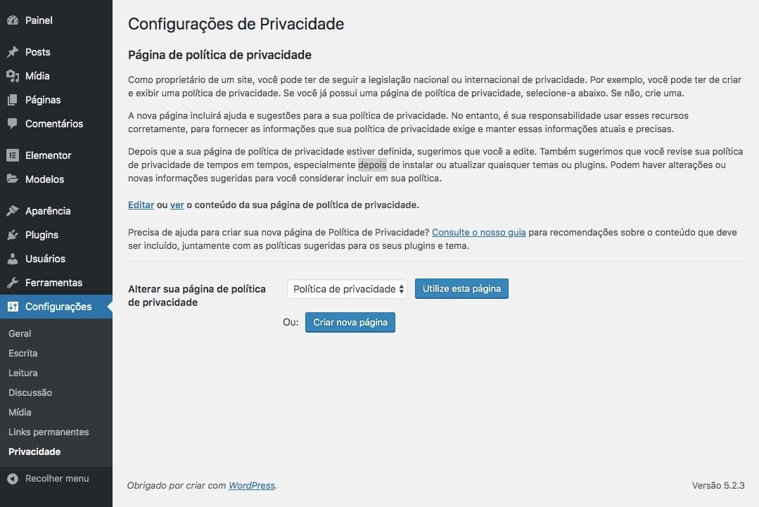 Consigurações de Privacidade no WordPress