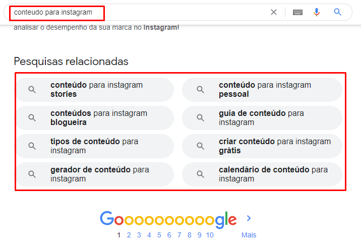 google suggest - exemplo de busca com a palavra-chave "conteúdo para instagram" e pesquisas relacionadas