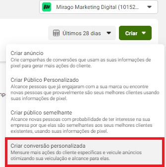 criar conversão personalizada no facebook