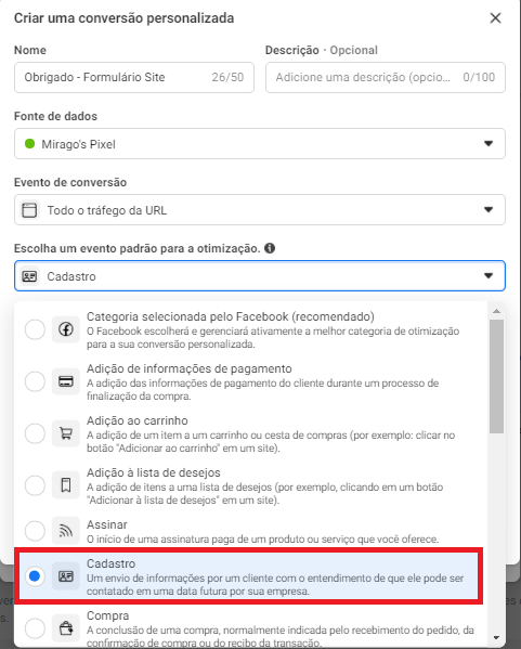 selecione o evento padrão