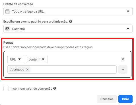 regras da URL conversão personalizada no facebook