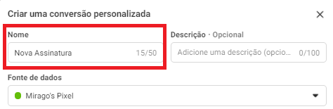 nome para conversão personalizada no facebook baseada em evento