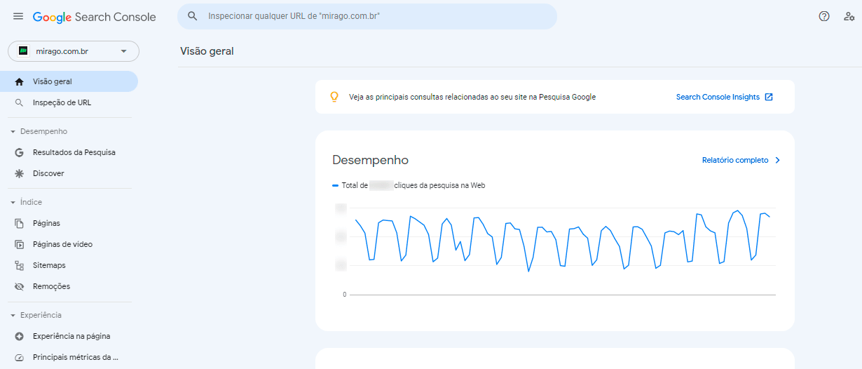 ferramenta google search console - exemplo da tela inicial