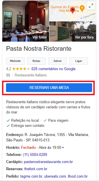 Reserva de mesa pelo Google Meu Negócio