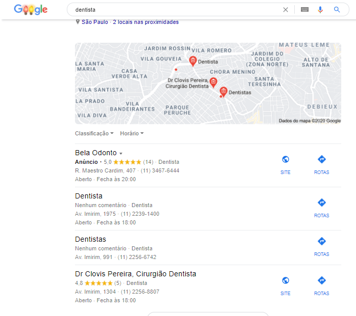busca google meu negócio dentista