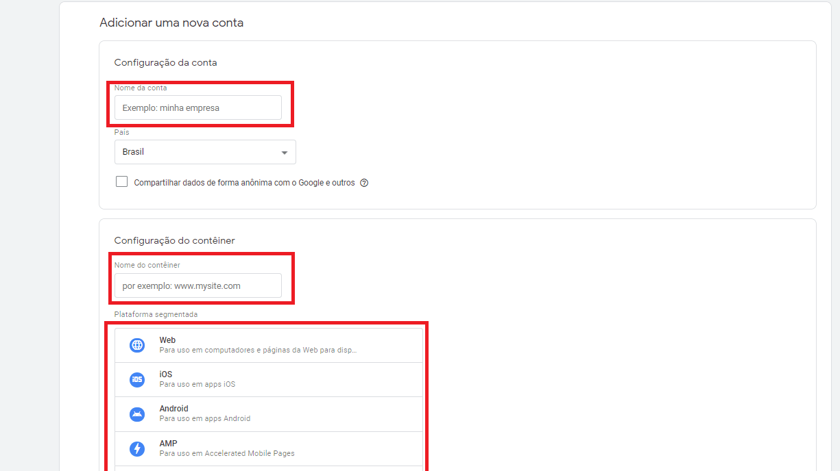 criar conta no google tag manager