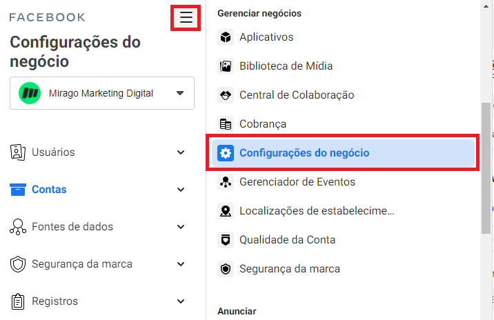configurações do negócio