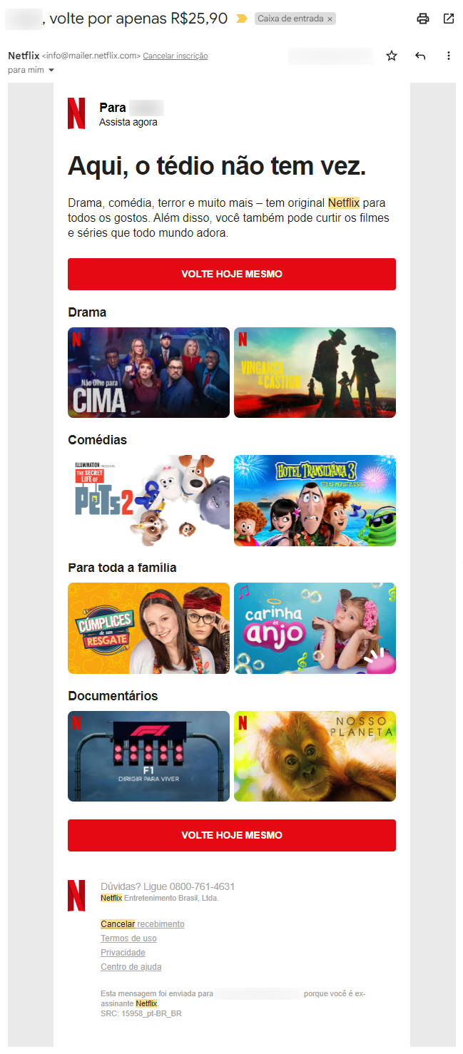 exemplo de e-mail de relacionamento da netflix para que o cliente volte a assinar - exemplo de marketing de relacionamento