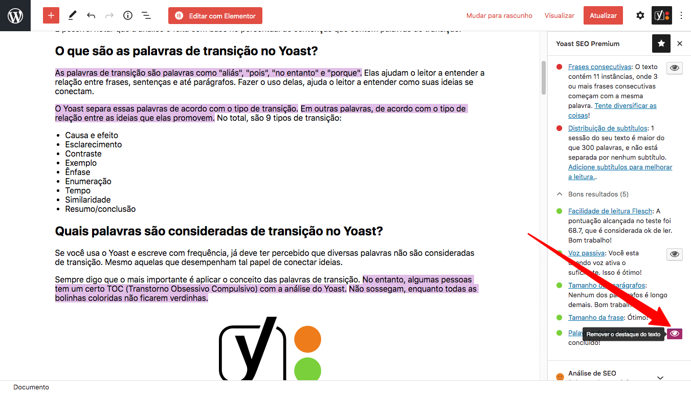 Palavras de transição realçadas no Yoast SEO