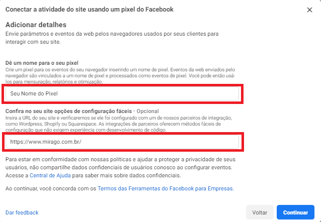 nome do pixel e url do site