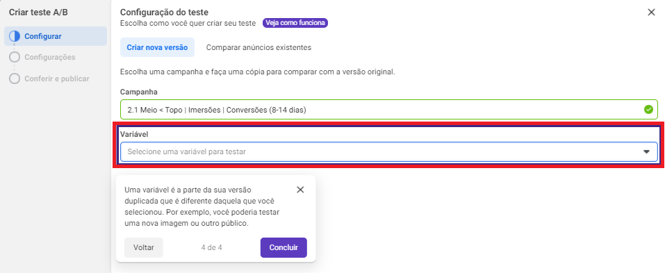 selecione a variável do teste