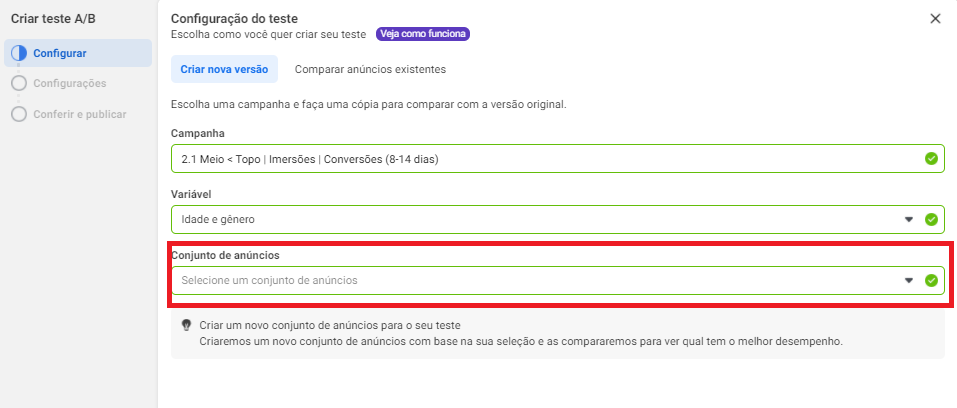selecione o conjunto de anúncios