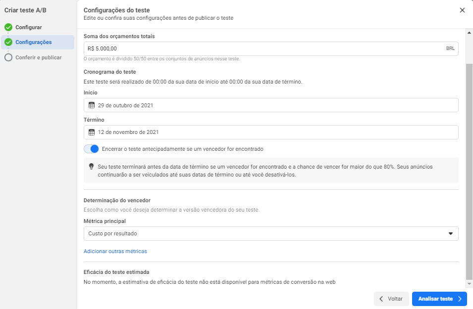 configuração do teste a/b