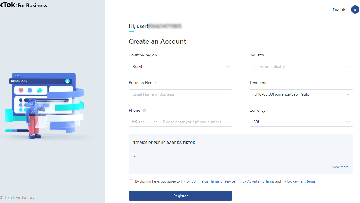 inserir dados do negócio para criar a conta no tiktok ads