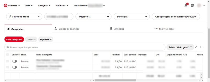 gerenciador de anúncios do pinterest ads