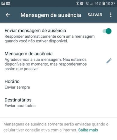 Mensagem de Ausência no WhatsApp Business
