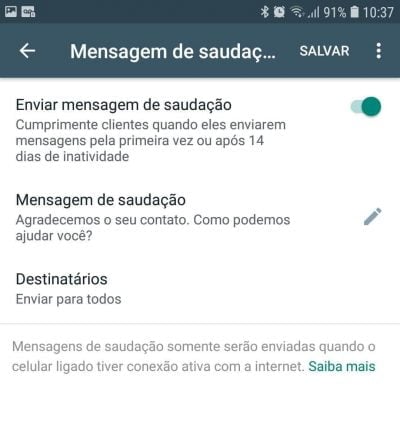 Mensagem de Saudação no WhatsApp Business