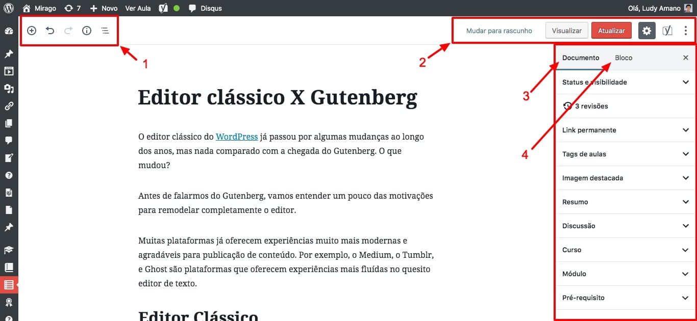 Opções de edição no Gutenberg