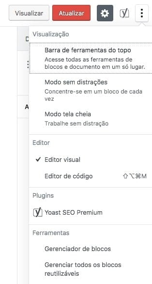 Opções e Ferramentas do Gutenberg